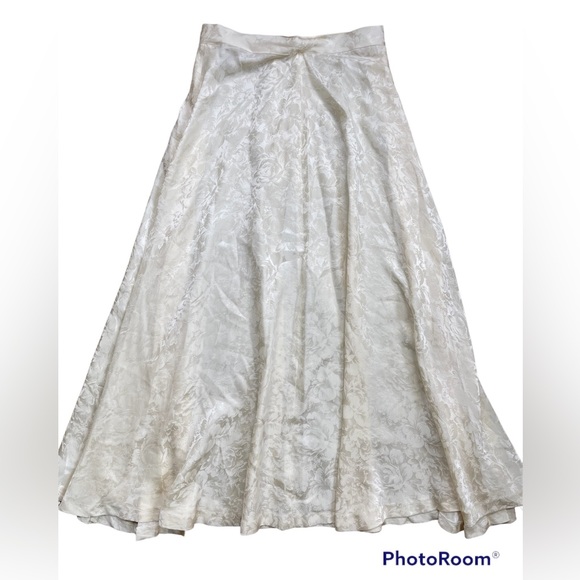 Silk Ivory White Cream Satin A-Line Tulip Floral Jacquard Maxi Slip Skirt S 6 - Picture 1 of 10